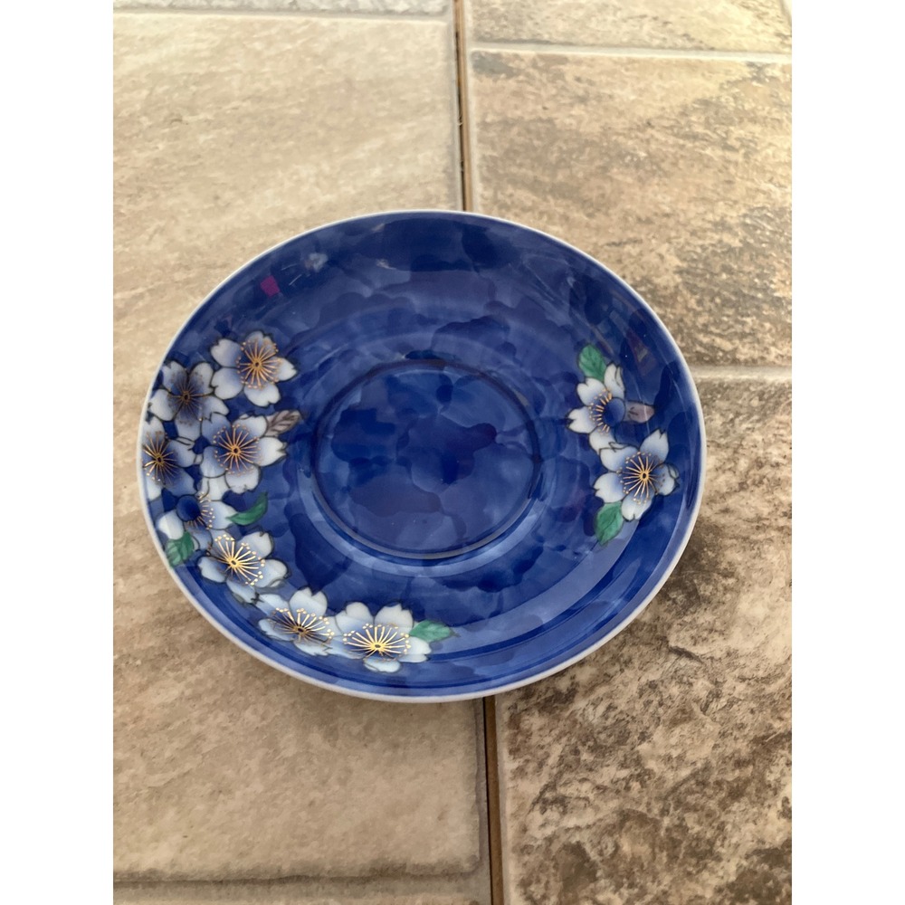 Fukagawa Arita Cobalt Blue Cherry Blossom Porcelain Saucer Mount Fuji Mark 5.5in